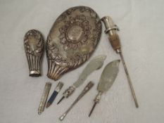 A small selection of HM silver and white metal stamped 800 including damaged hand mirror, oil