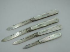 Four folding fruit knives having HM silver blades and decorative mother of pearl handles