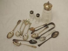 A selection of HM silver including Georgian teaspoons, cut glass sugar caster with silver lid,