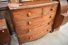 A Victorian mahogany bow fronted chest of two over three drawers, width approx. 113cm, slightly