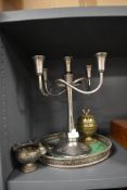 A selection of table top items including Indian silver bowl, gallery tray and candle stick