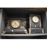 Two Victorian gothic style mantle or bracket clocks one having column sides with ormolu decoration