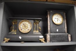 Two Victorian gothic style mantle or bracket clocks one having column sides with ormolu decoration