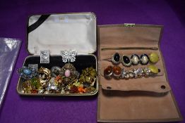 A selection of costume jewellery earrings and brooches including ceramic, simulated pearl etc