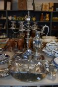 A selection of plated ware including candlestick holder, ewer, bon bon dishes and more, also