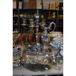 A selection of plated ware including candlestick holder, ewer, bon bon dishes and more, also