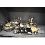 A selection of table wares and plated wares including a tea set and cutlery