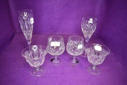 A selection of named glass wares including Tudor dessert glasses, two Bohemia brandy glasses and