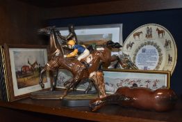 A selection of horse themed and racing items including figures AF and prints etc