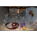 A large lot of mixed glass including vases, rose bowl and jugs.