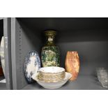 A selection of ceramics including green glaze Chinese style vase and a turned stone agate vase