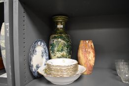 A selection of ceramics including green glaze Chinese style vase and a turned stone agate vase