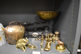 A selection of brass wares and a kitchen balance scale set by Salter with accompanying brass