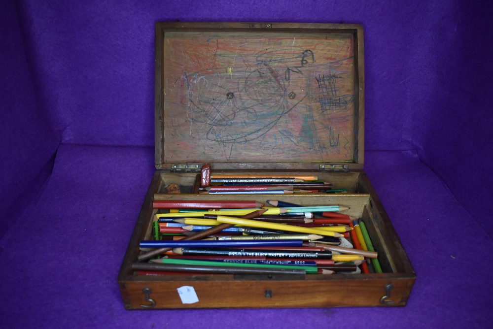 A mid century wooden box containing a number of pencils and stationary - Image 2 of 2