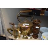 A vintage copper kettle, a tankard and carved wood vase.