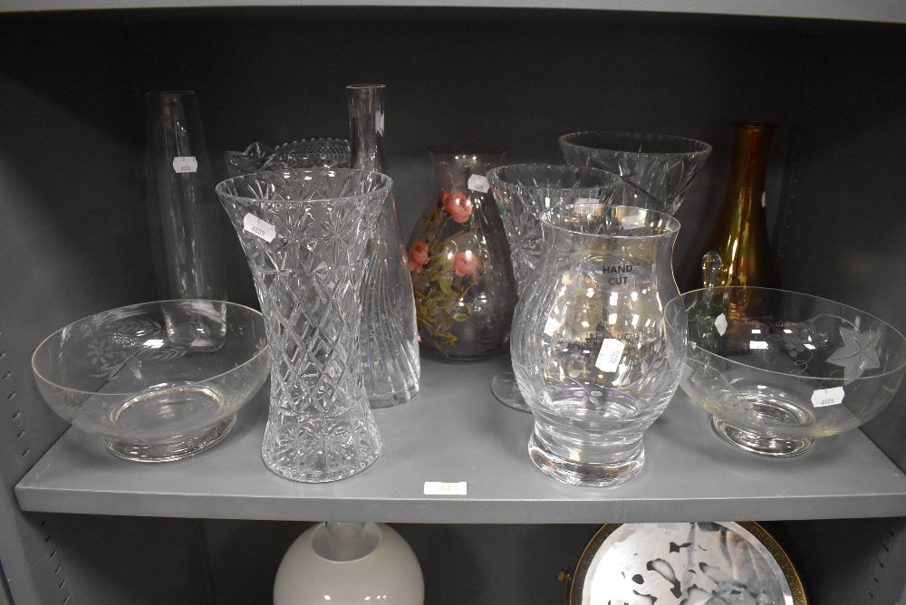 A selection of glass bowls and vase including hand cut and transfer printed