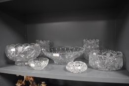 A selection of clear cut and crystal glass fruit and similar bowls including Bohemian style
