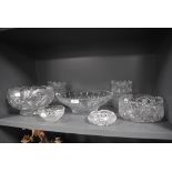 A selection of clear cut and crystal glass fruit and similar bowls including Bohemian style