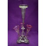 A silver plated epergne table centre having Vaseline fade to cranberry glass with Egyptian sphinx