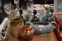 A collection of vintage bottles,ceramics and a Robertsons mince meat jar.