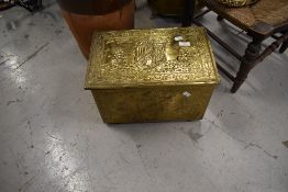 A brass clad slipper box having ship scene