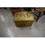 A brass clad slipper box having ship scene