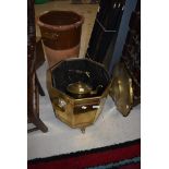 A brass coal bucket, trivet and kettle etc