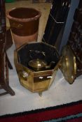 A brass coal bucket, trivet and kettle etc