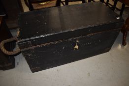 A 19th century pine metal bound Seamans/Ships Trunk, black painted, 1 inch thick planking used, lock