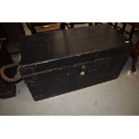 A 19th century pine metal bound Seamans/Ships Trunk, black painted, 1 inch thick planking used, lock