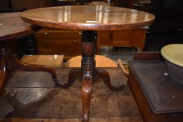 A 19th Century oak pedestal table, cut down height, having circular top over turned column and