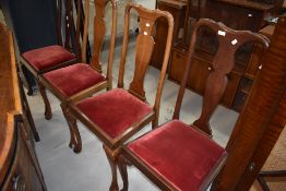 A harlequin set (two plus two) early 20th Century Queen Anne style mahogany vase back dining chairs