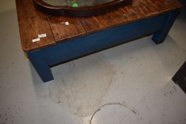 A rustic coffee table, painted frame and stripped top , approx 96 x 112cm