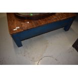 A rustic coffee table, painted frame and stripped top , approx 96 x 112cm