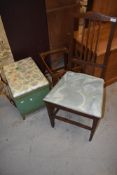 A vintage woven fibre bedding box of small proportion, a chair and a stool without seat.