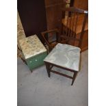 A vintage woven fibre bedding box of small proportion, a chair and a stool without seat.
