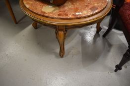A continental style circular coffee table having rouge marble inset, diameter approx. 80cm