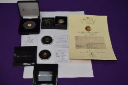 Four Gold Coins, a Tristan Du Cunha 22ct 400 anniversary gold proof 1/4 Laurel, weight 2g with