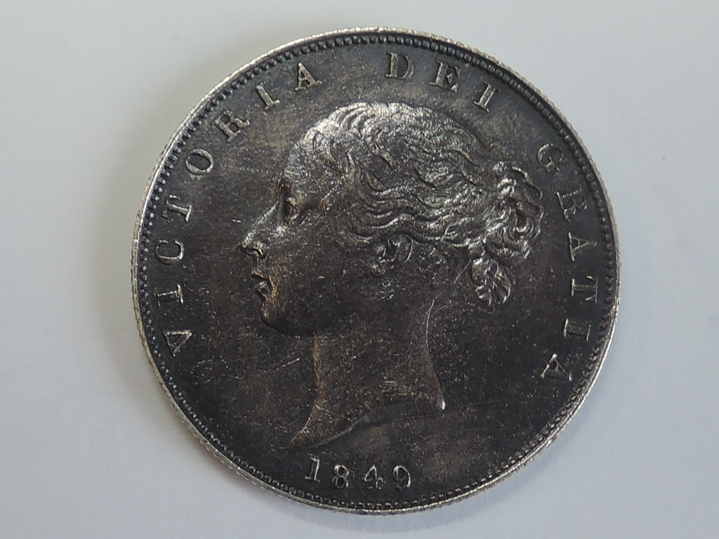 A Queen Victoria Young Head 1849 Silver Half Crown, large date?