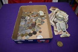 A collection of World Coins and Banknotes including two GB Five Pound Coins, 1950's and later Half