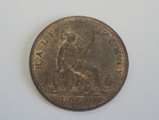 A Queen Victoria Bun Head 1871 Bronze Half Penny