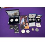 A collection of modern GB Coins including 1997 £5 in card folder, Cased pair of Nelson Trafalgar