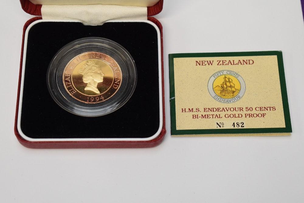 A Royal Mint limited edition New Zealand 1994 HMS Endeavour 50 Cents Bi Metal Gold Proof Coin 482/