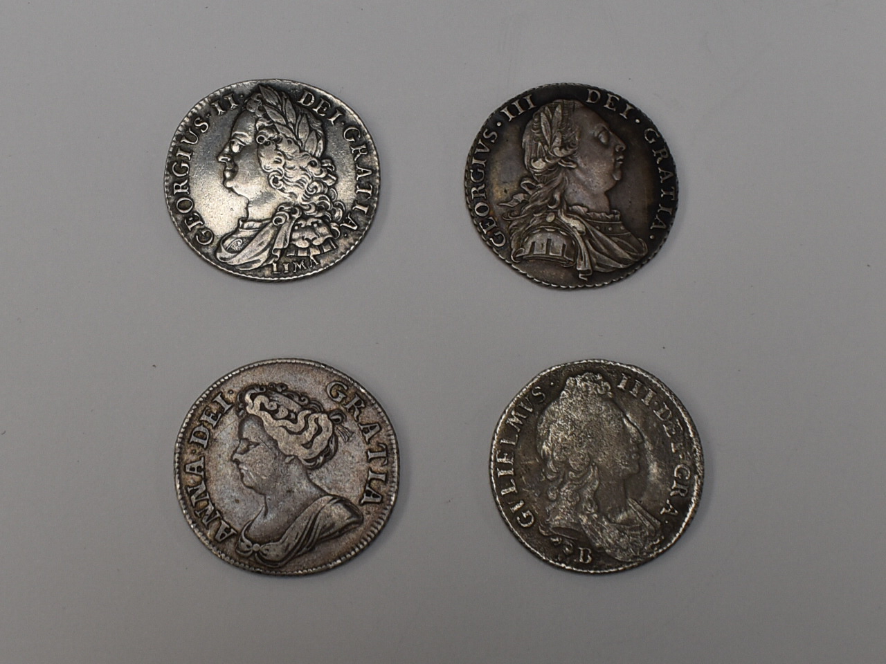 Four One Shillings Silver Coins, George II 1745 Lima under bust, George III 1787, William III 1696B, - Image 2 of 2