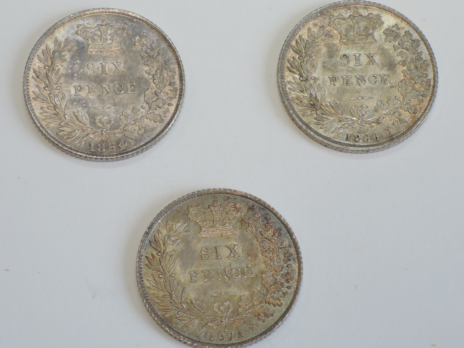 Three Queen Victoria Silver Sixpence, 1864 die number 36, 1866 die number 46 and 1871 die number 2