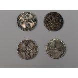 Four One Shillings Silver Coins, George II 1745 Lima under bust, George III 1787, William III 1696B,