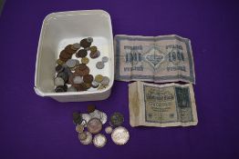 A collection of World Coins and Bank Notes, small amount of Silver seen along with a 1922 Australian