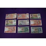 A collection of World Banknotes, Singapore 10 Dollars x2, 5 Dollars x2 and 1 Dollar, Bank Negara Ma