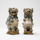 A pair of Chinese Tibetan styled figures of two dogs of Fo / Foo imperial temple guardian lions or