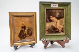 Two Victorian crystoleum prints including a Dutch girl cockle picking or similar and a scantily clad